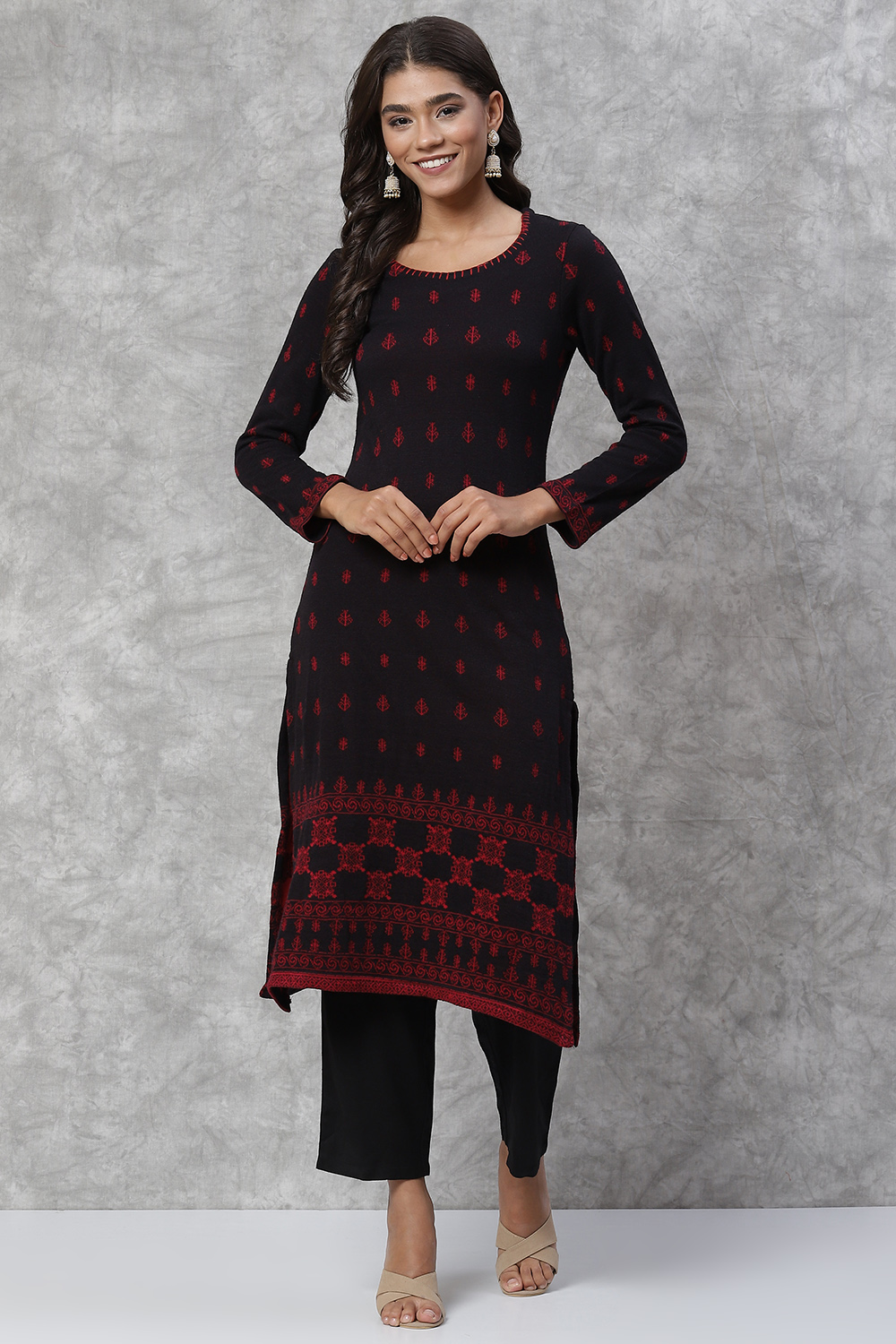 Red Jacquard Straight Kurta image number 3